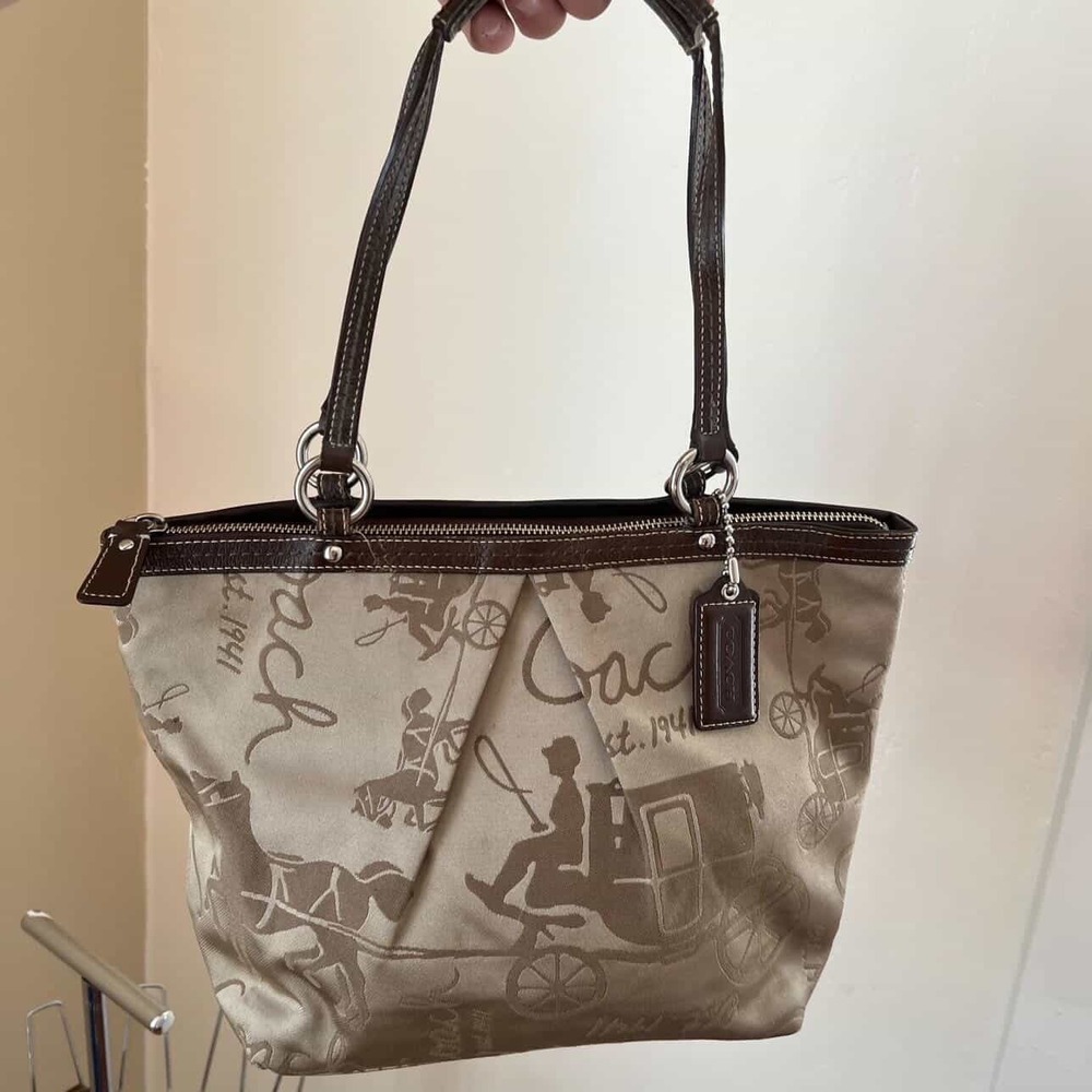 Coach Horse and Carriage Script Sateen Tote Bag Brown Champagne F14482